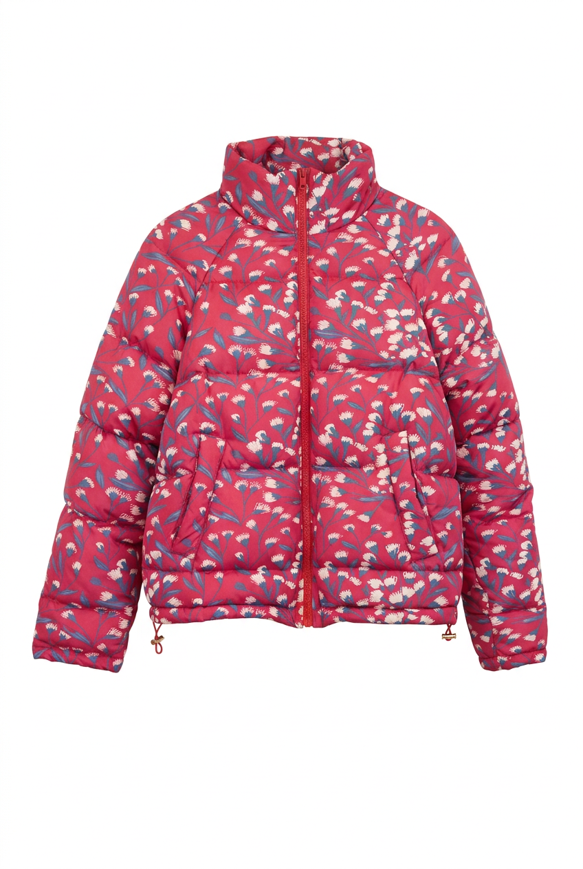 Pink Blossom floral quilted jacket on a white background.