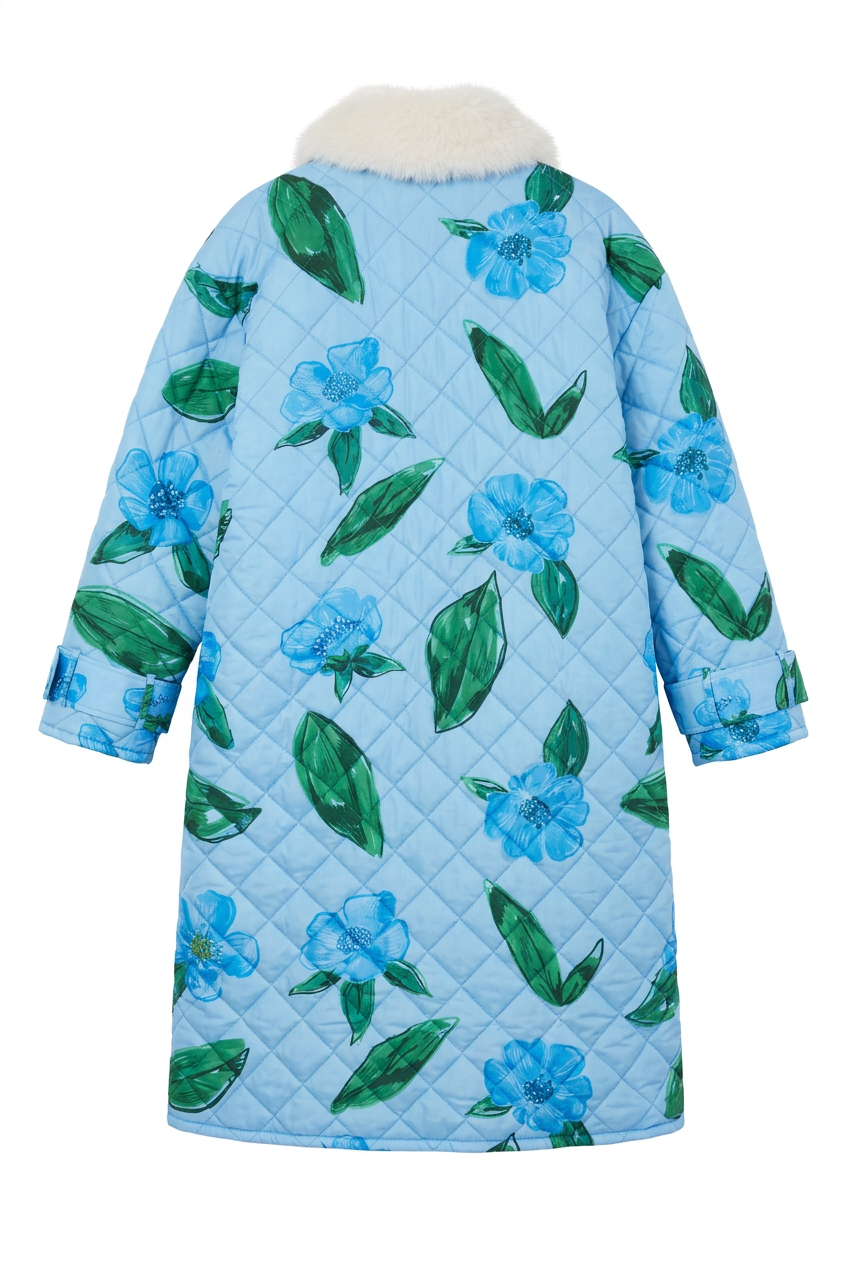 Jakken sett bakfra med egendesignet blomsterprint og faux fur-krage på hvit bakgrunn.