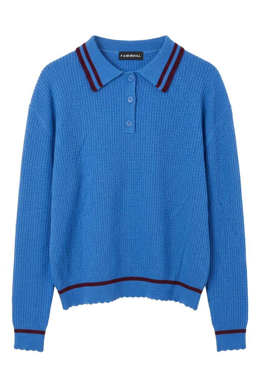 Front view of a blue merino wool sweater with burgundy details on a white background.