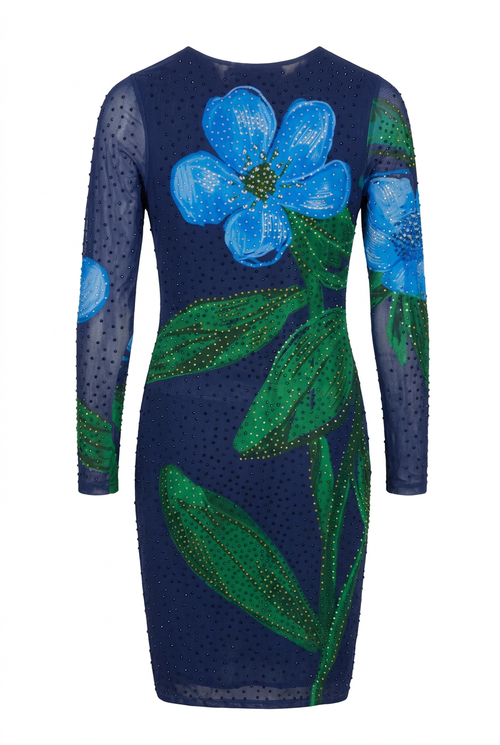 Back view of Blue Bloom Dress with a blue flower and green leaves on a white background.