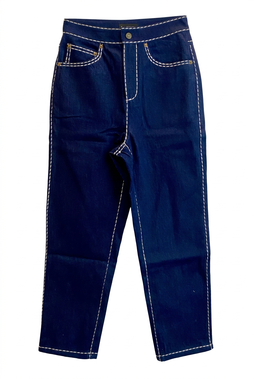 Front view of dark blue high-waisted recycled denim trousers with white contrast stitching on a white background.