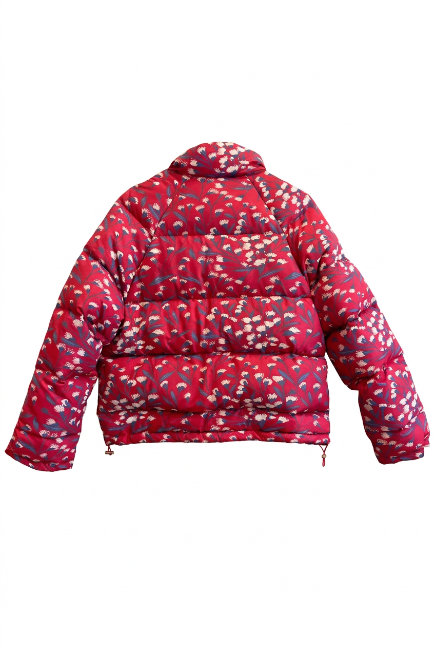 Back view of the Pink Blossom floral quilted jacket on a white background.