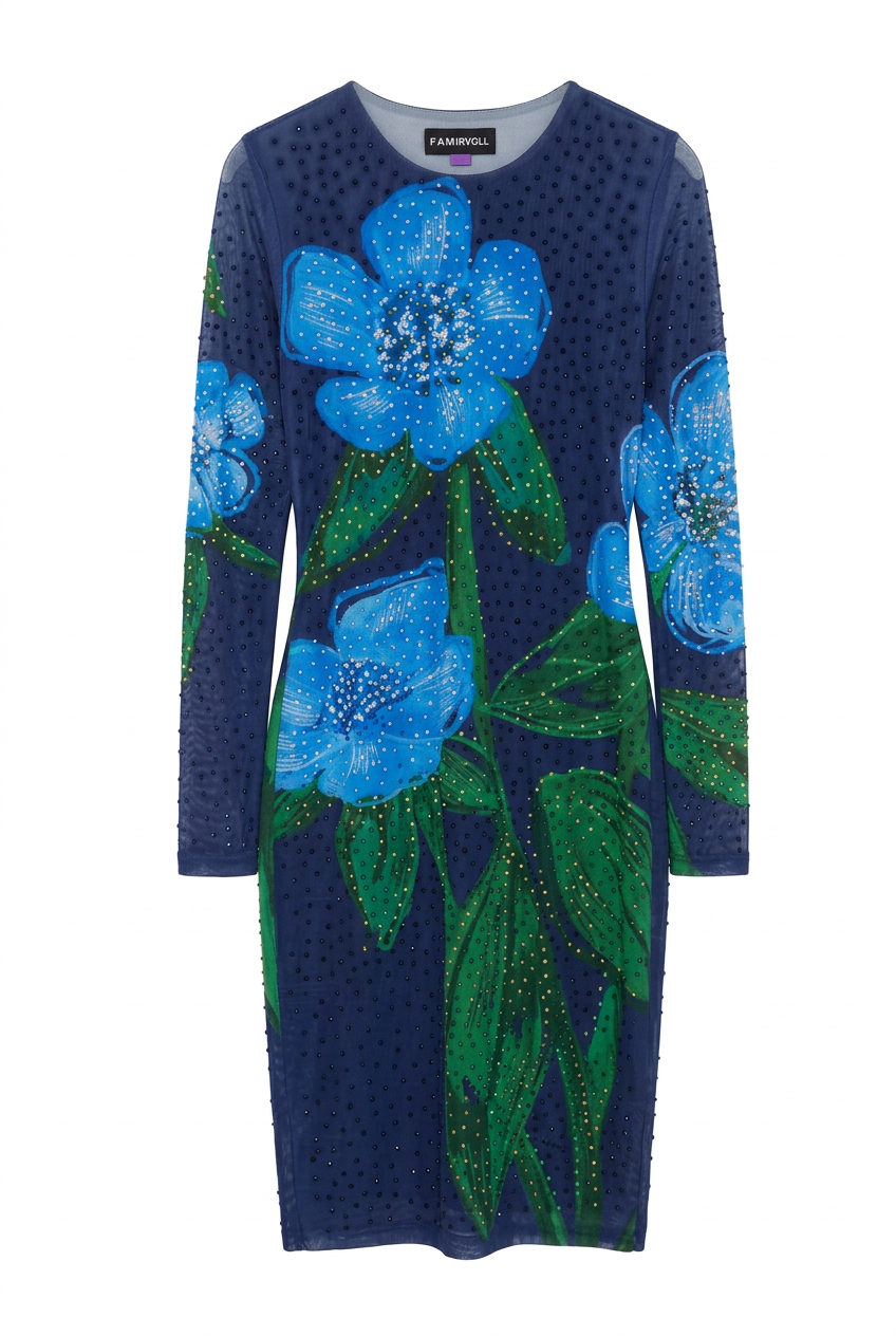 Front view of Blue Bloom Dress with blue flowers and green leaves on a white background.