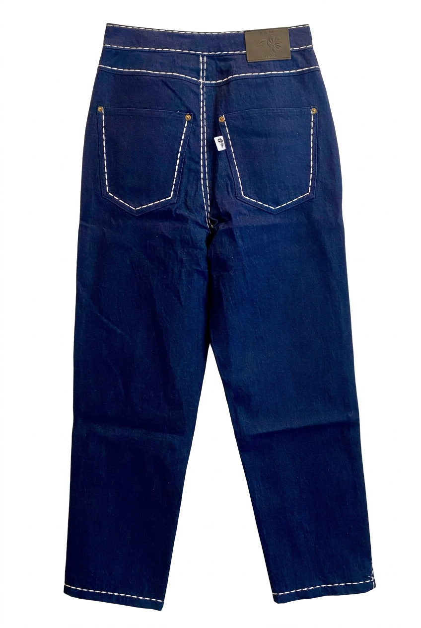 Back view of dark blue recycled denim trousers with white contrast stitching on a white background.