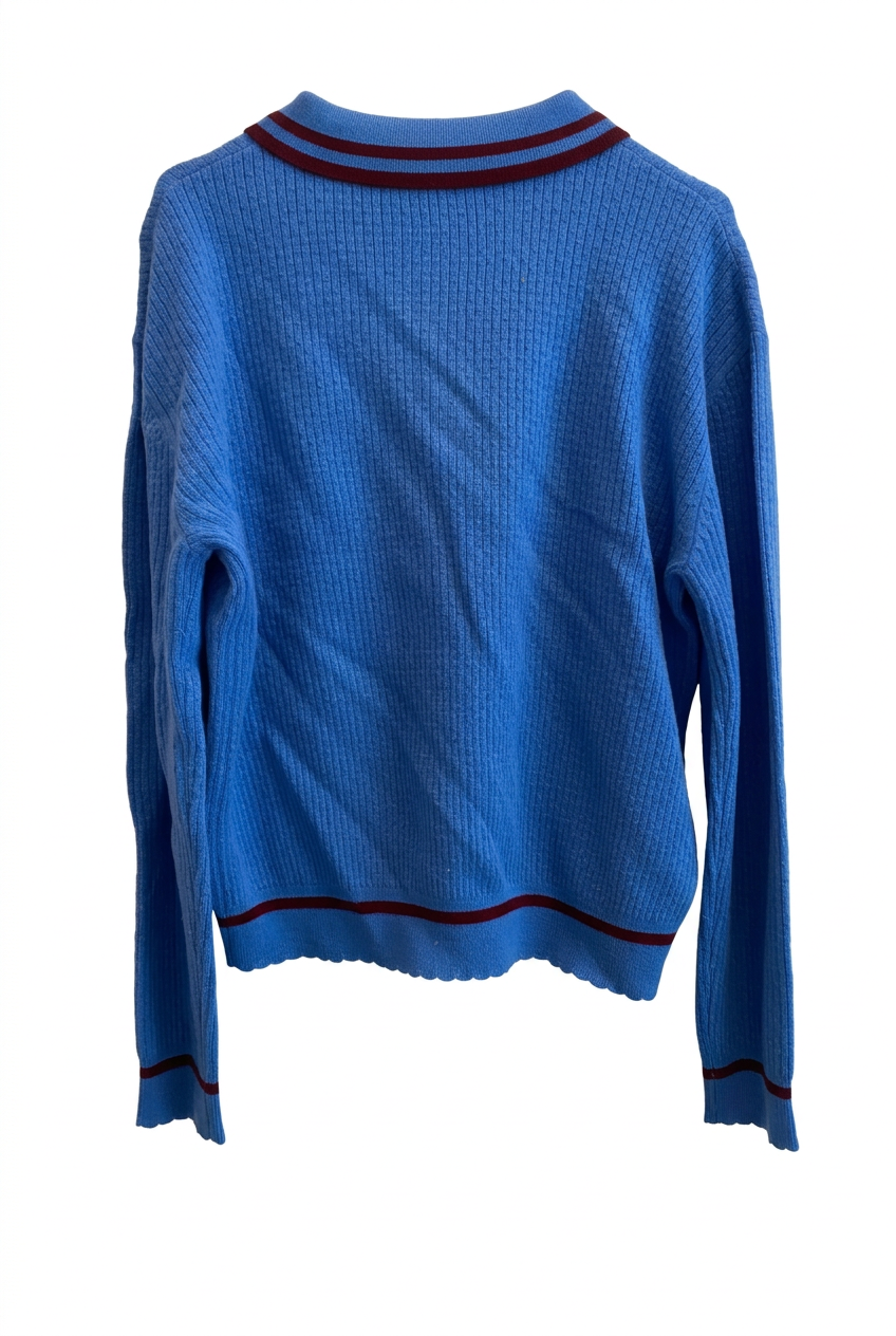 Back view of a blue merino wool sweater with burgundy collar, cuff and hem details on a white background.