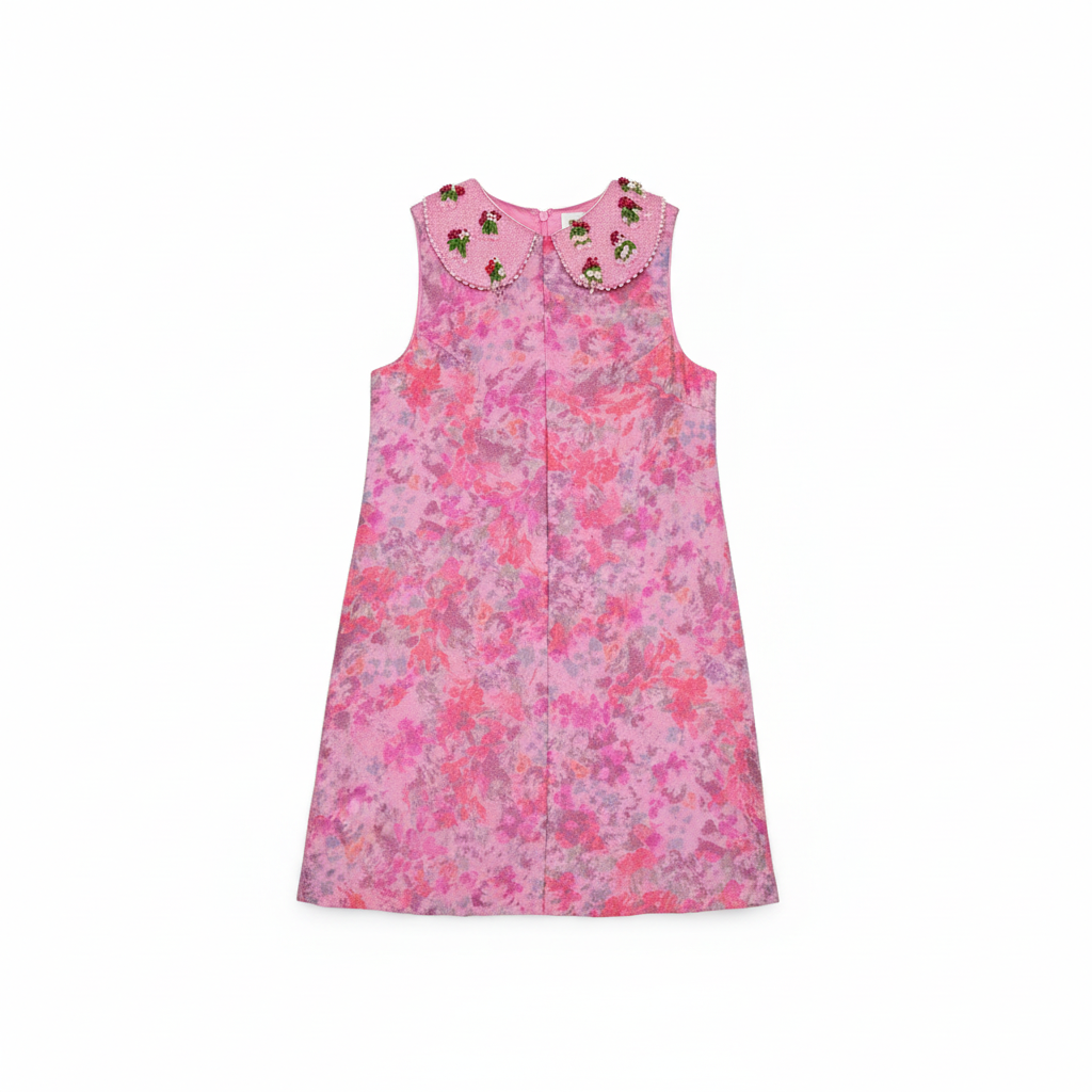 "Pink Pixie vintage A-line dress in rare 1960s deadstock fabric with hand-sewn jewelled collar — FAM IRVOLL"